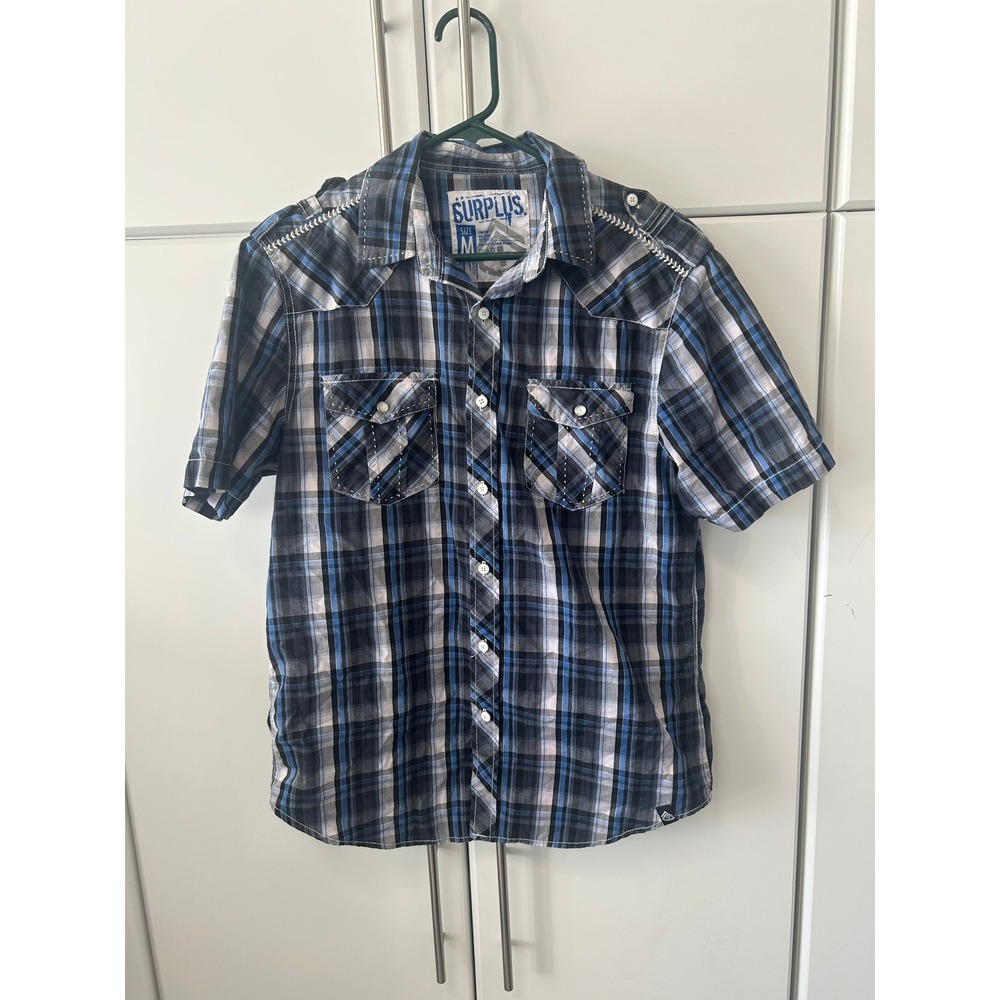 Surplus Mens Blue Black Plaid Western Short Sleeve Button Down Shirt Medium
